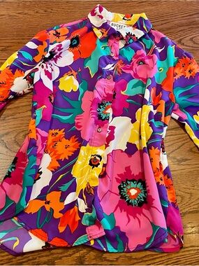 BUCKETLIST Bright Floral Button-Up Shirt - Purple, Teal, Pink, Yellow, Orange